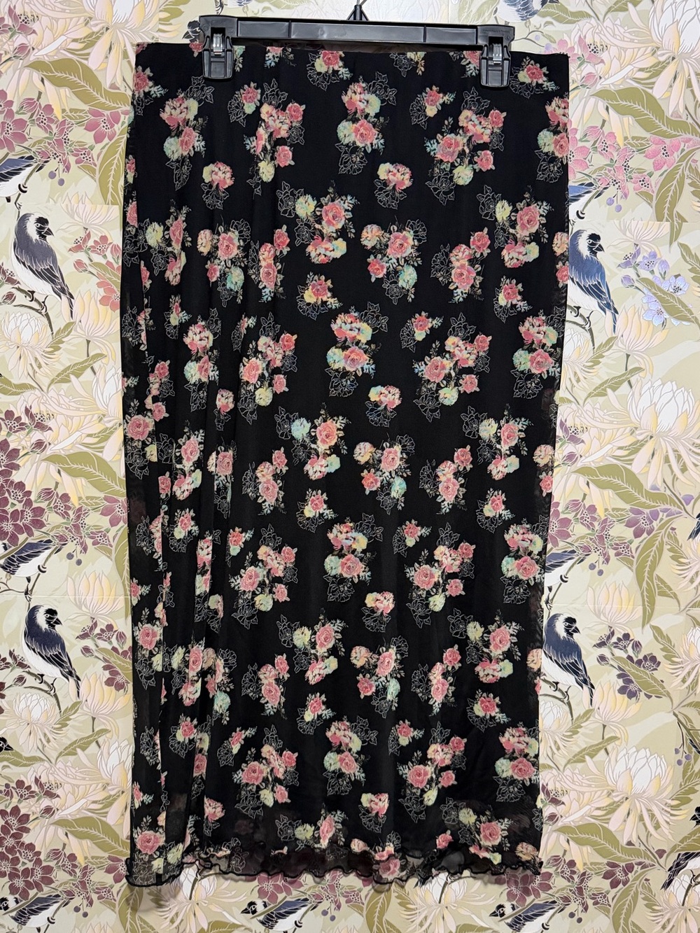 Black Midi Skirt with Pink Floral Bouquet Print